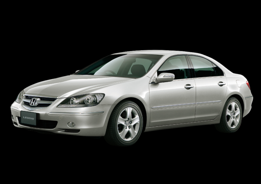 Studio three-quarter view of a silver 2004 Honda Legend (Acura RL), the first Japanese car to officially break the 280 PS limit.